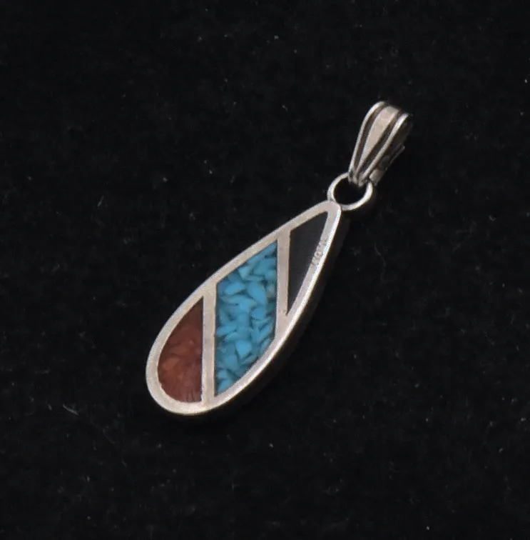 Vintage Sterling Silver Inlaid Blac Onyx and Blue and Red Crushed Stone Pendant