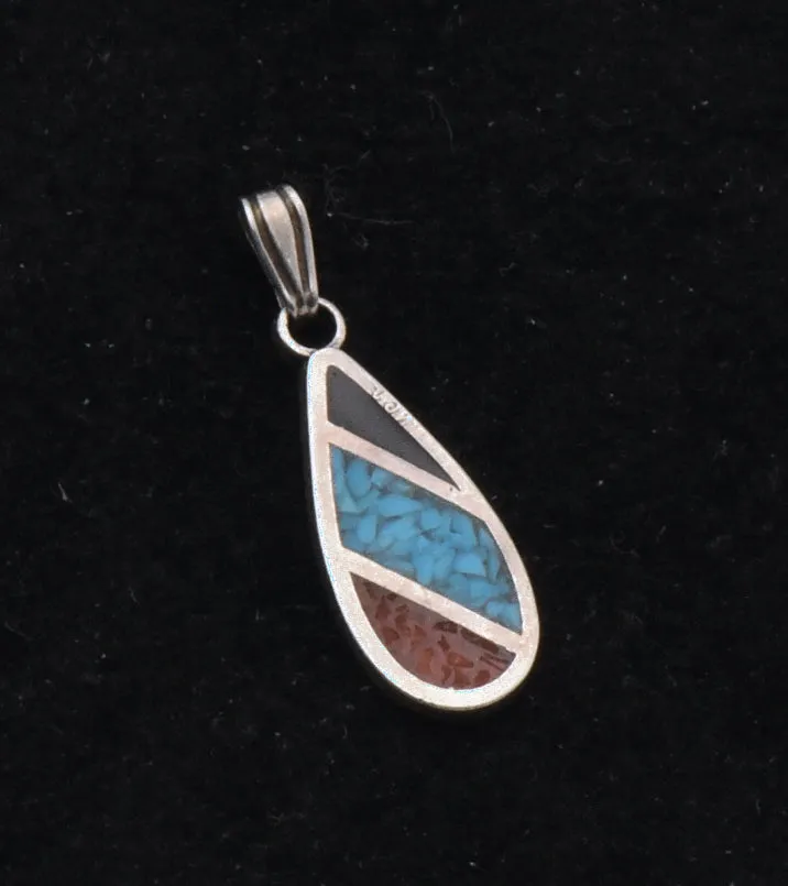 Vintage Sterling Silver Inlaid Blac Onyx and Blue and Red Crushed Stone Pendant