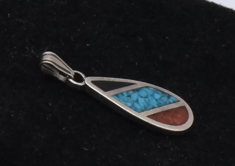 Vintage Sterling Silver Inlaid Blac Onyx and Blue and Red Crushed Stone Pendant