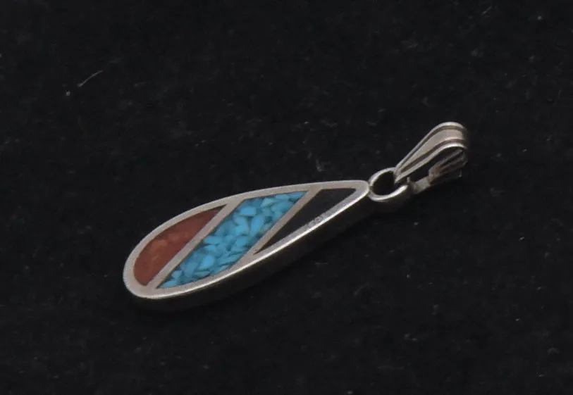 Vintage Sterling Silver Inlaid Blac Onyx and Blue and Red Crushed Stone Pendant