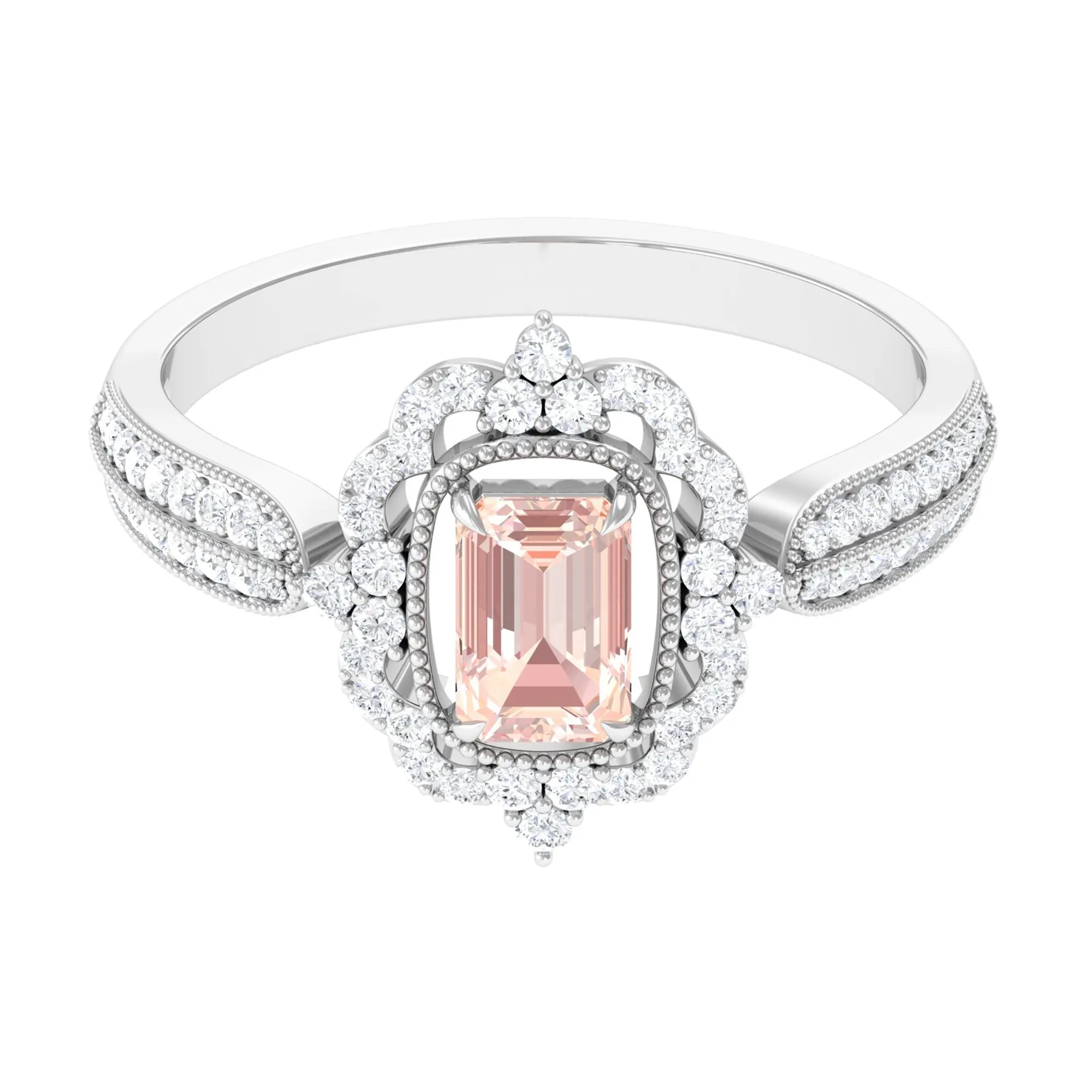 Vintage Style Emerald Cut Morganite Engagement Ring with Diamond Floral Halo