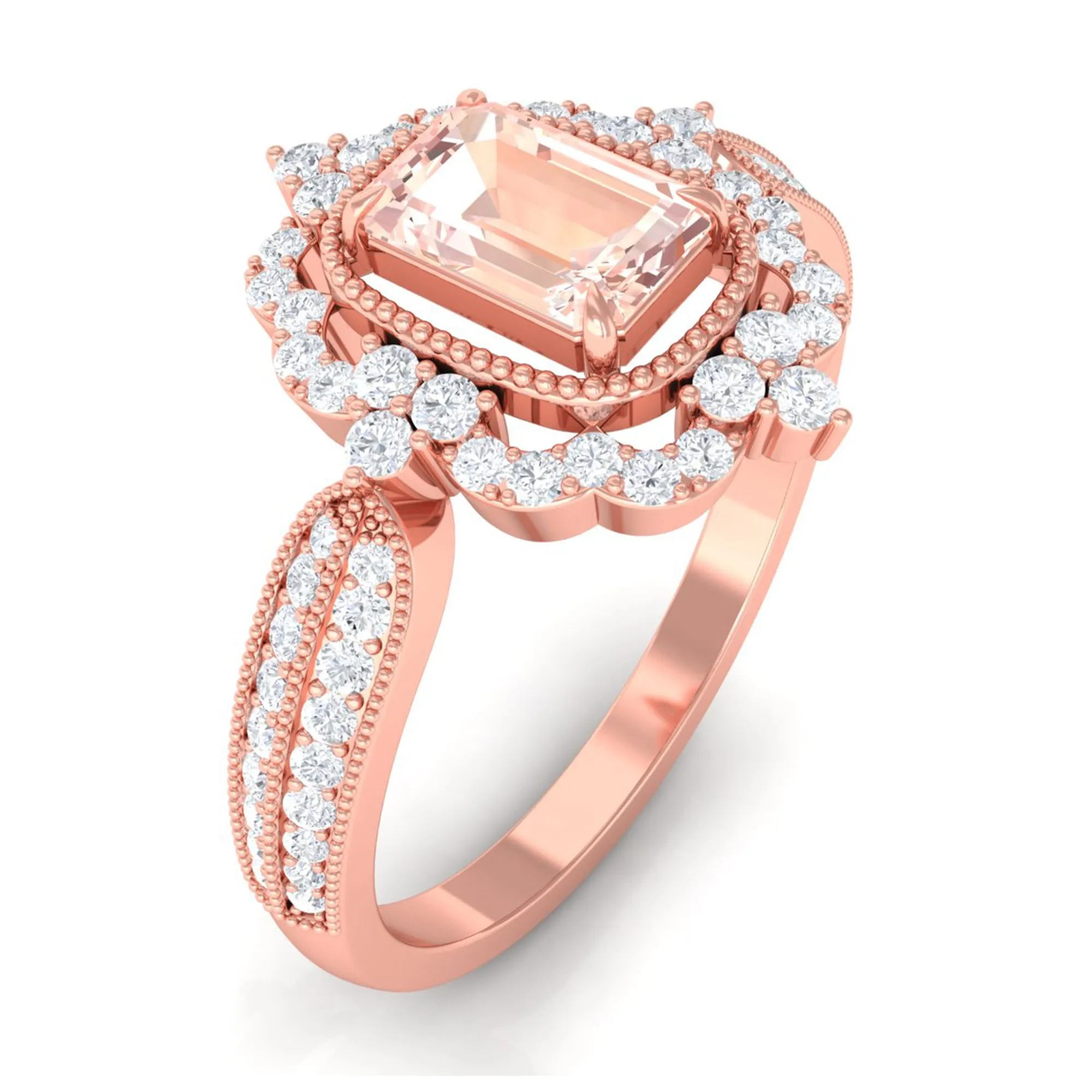 Vintage Style Emerald Cut Morganite Engagement Ring with Diamond Floral Halo