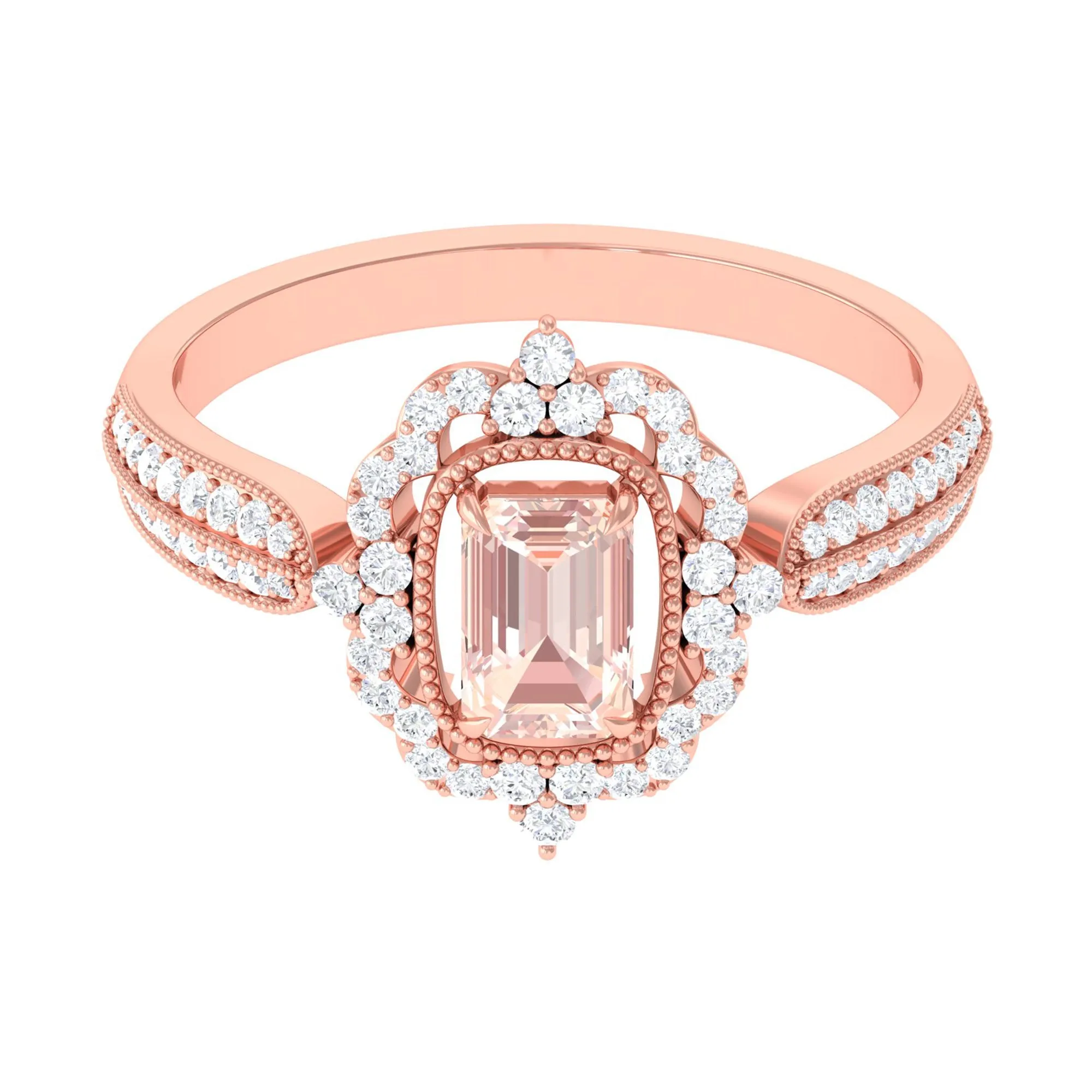 Vintage Style Emerald Cut Morganite Engagement Ring with Diamond Floral Halo