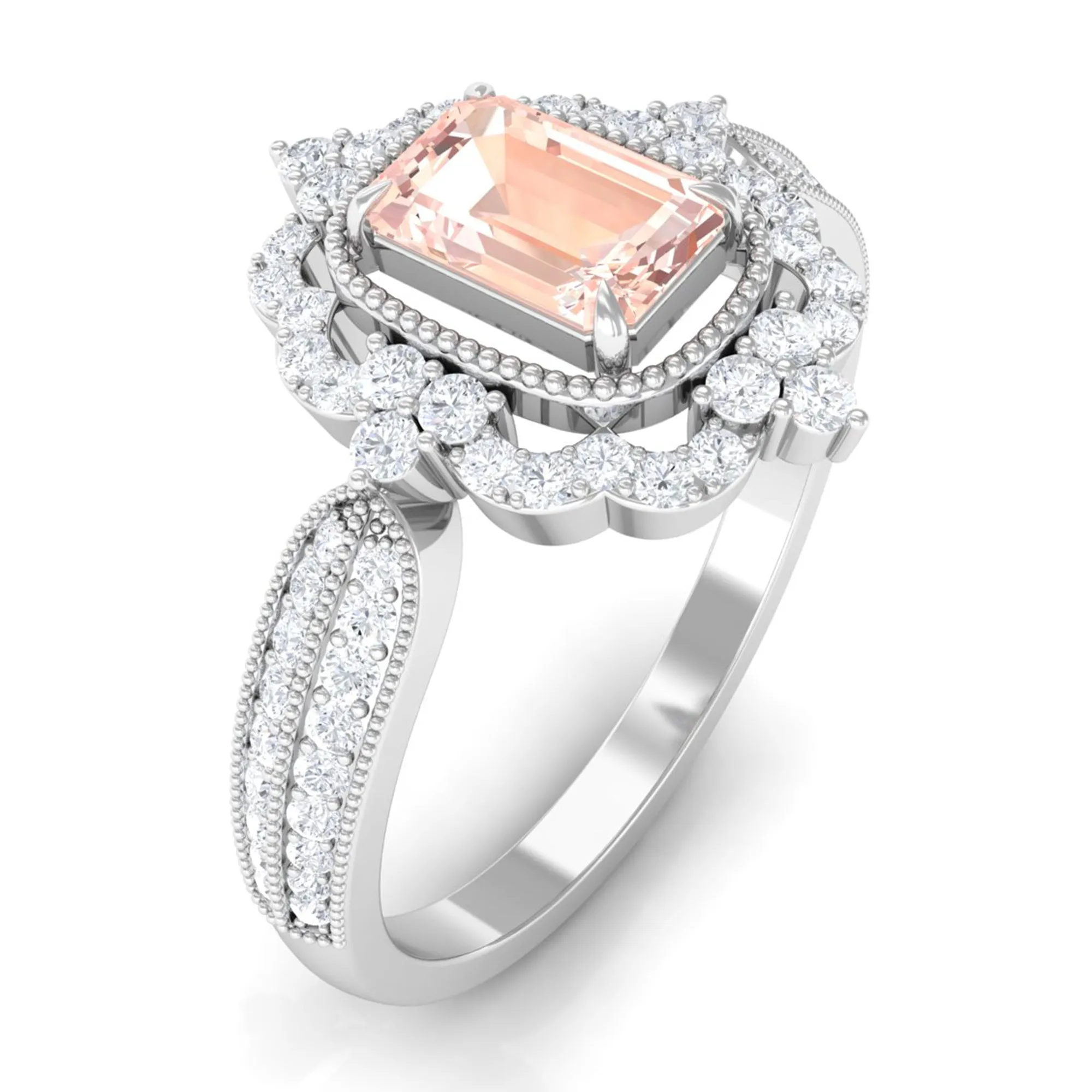 Vintage Style Emerald Cut Morganite Engagement Ring with Diamond Floral Halo