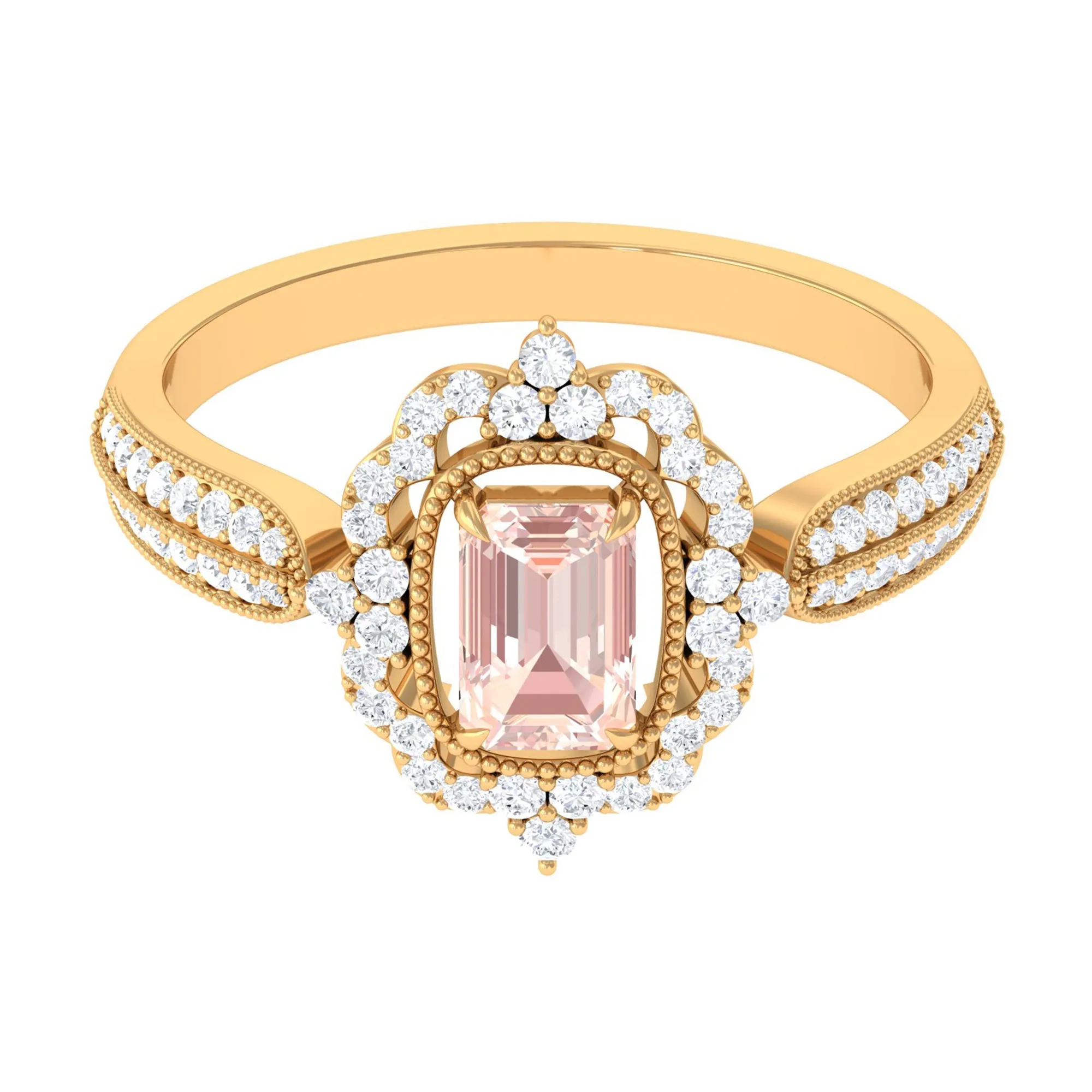 Vintage Style Emerald Cut Morganite Engagement Ring with Diamond Floral Halo