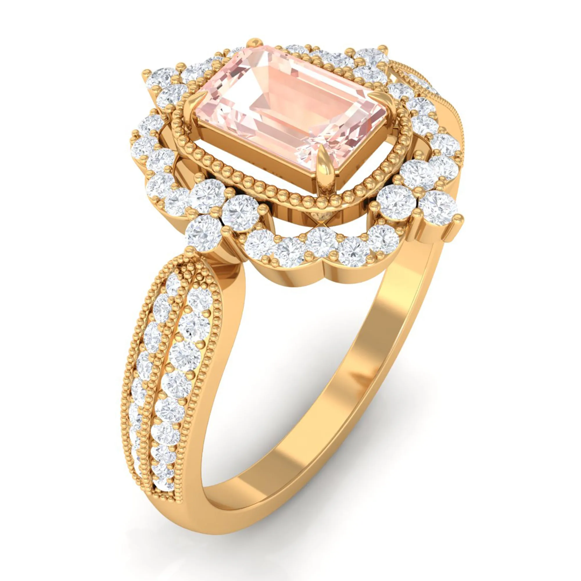 Vintage Style Emerald Cut Morganite Engagement Ring with Diamond Floral Halo