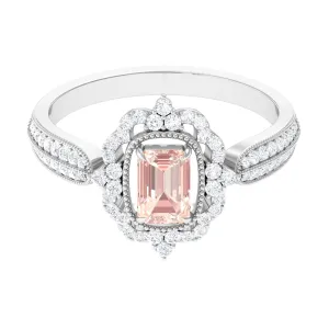 Vintage Style Emerald Cut Morganite Engagement Ring with Diamond Floral Halo