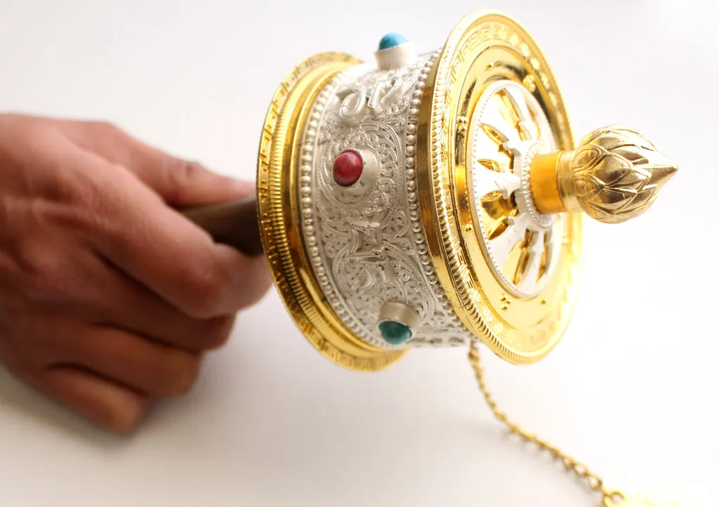 White Metal Tibetan Handheld Spinning Prayer Wheel Inlaid Coral and Turquoise