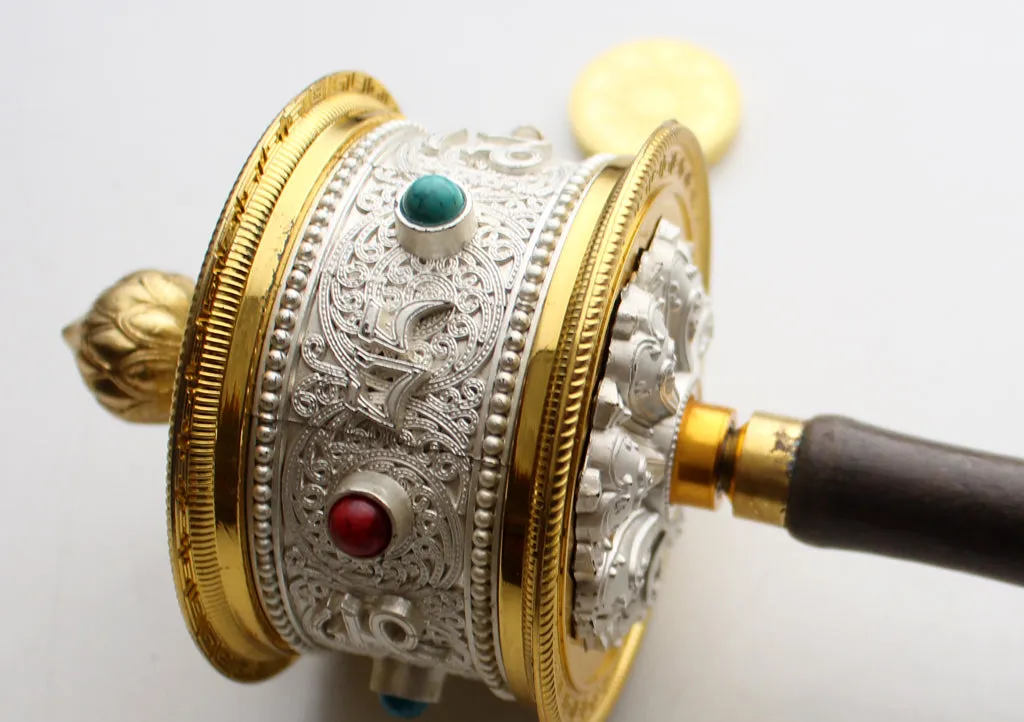 White Metal Tibetan Handheld Spinning Prayer Wheel Inlaid Coral and Turquoise