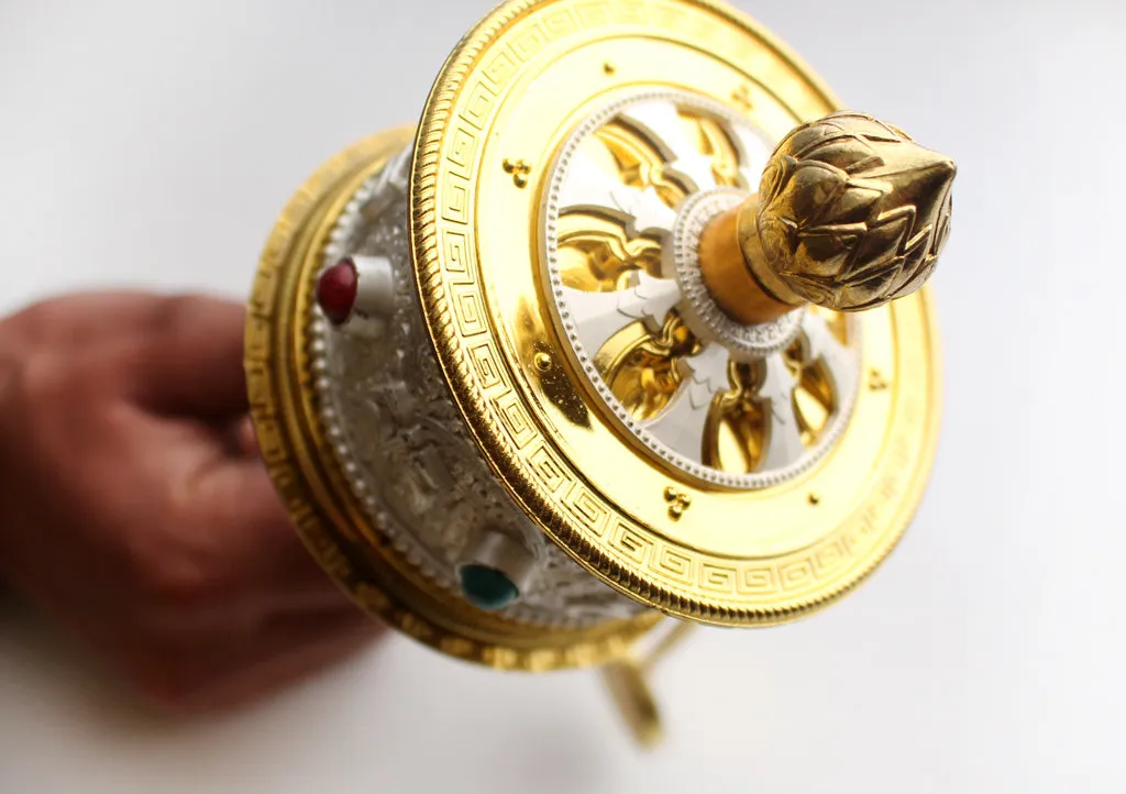 White Metal Tibetan Handheld Spinning Prayer Wheel Inlaid Coral and Turquoise