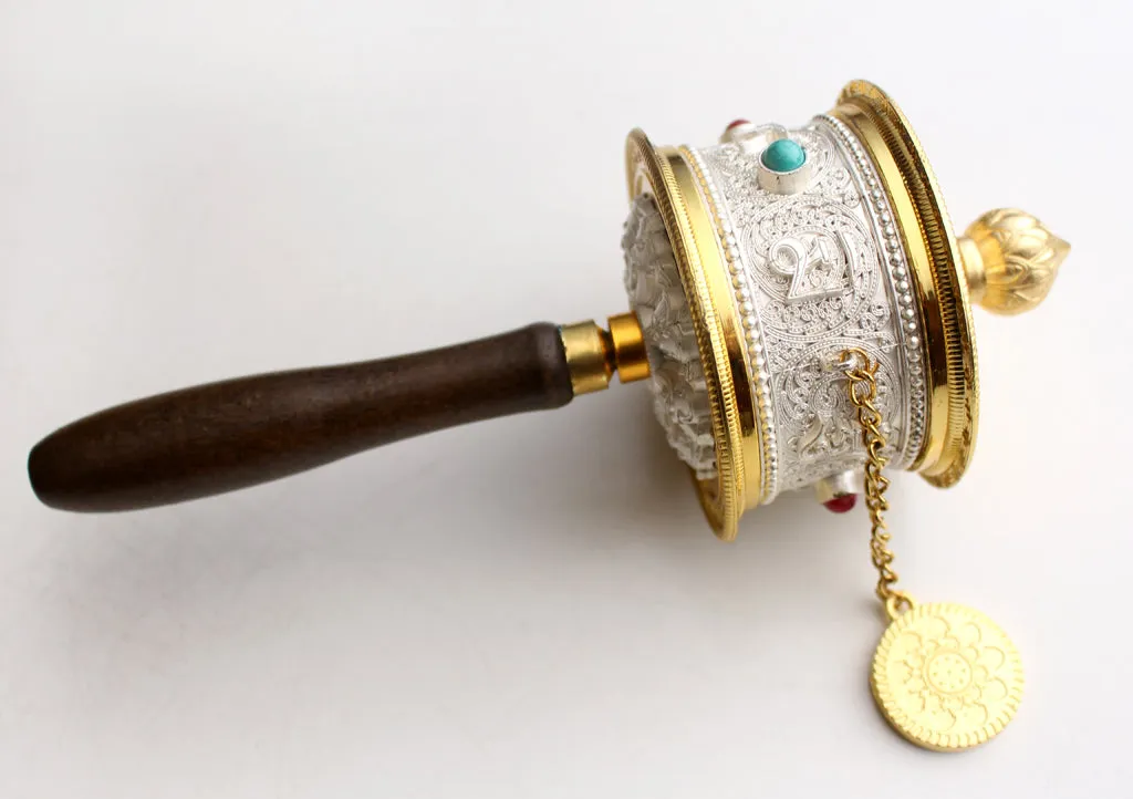 White Metal Tibetan Handheld Spinning Prayer Wheel Inlaid Coral and Turquoise