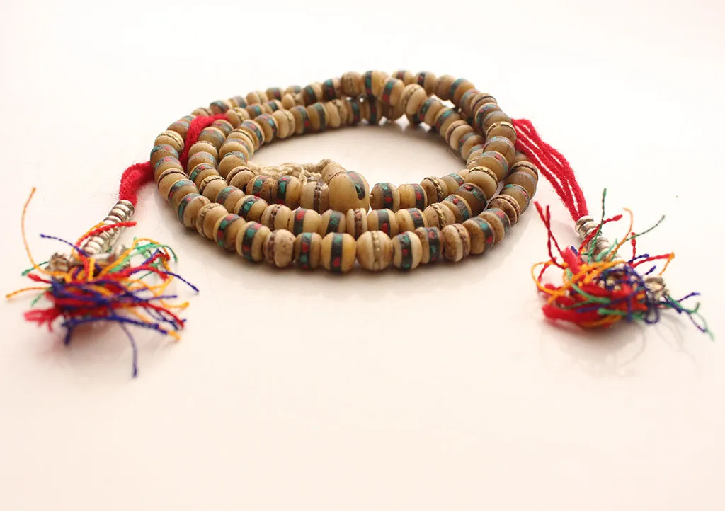 White Yak Bone Inlaid Meditation Mala with Dorjee Counter