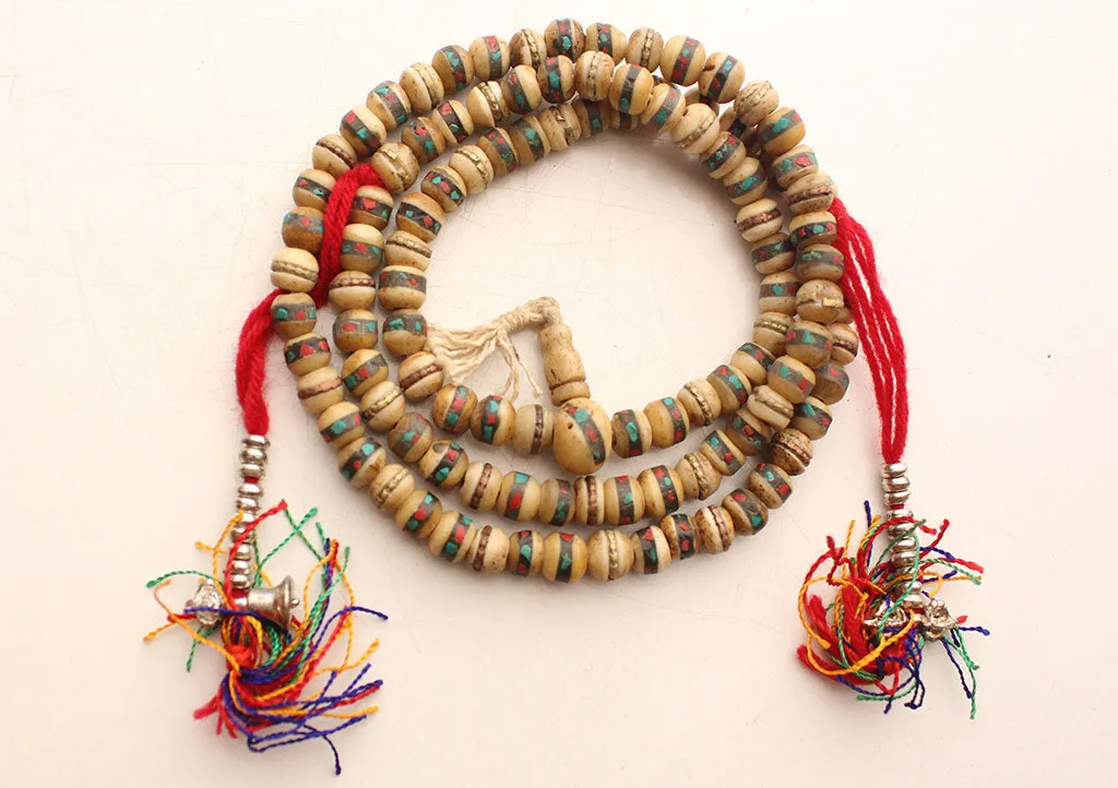 White Yak Bone Inlaid Meditation Mala with Dorjee Counter