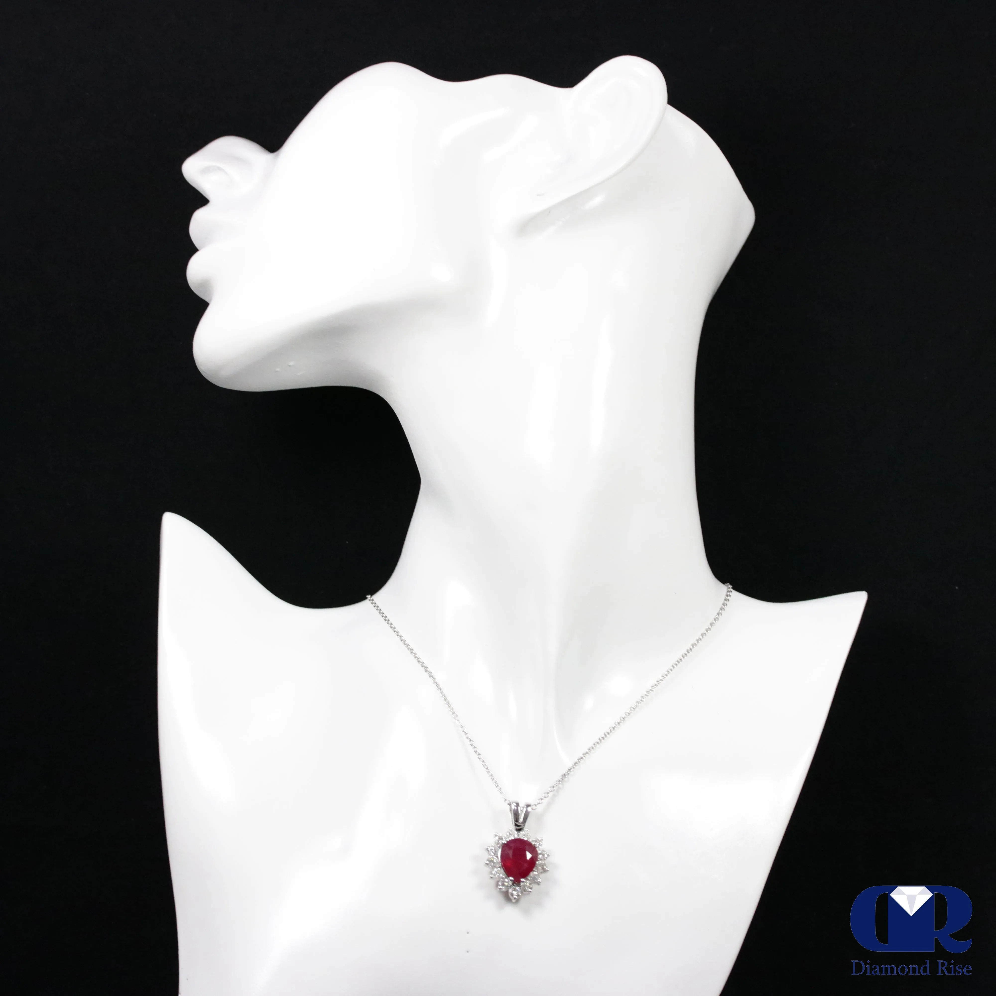 Women's Pear Shaped Ruby & Diamond Pendant Necklace In 14K White Gold