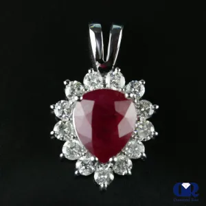 Women's Pear Shaped Ruby & Diamond Pendant Necklace In 14K White Gold